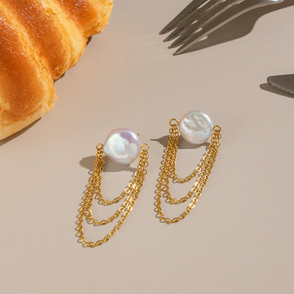 Wholesale Freshwater Pearl Tassel Stainless Steel Women's Earrings With Pvd Furnace Vacuum Real Gold Plating In Minimalist Style