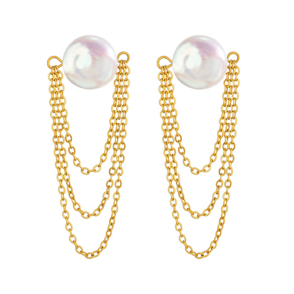 Wholesale Freshwater Pearl Tassel Stainless Steel Women's Earrings With Pvd Furnace Vacuum Real Gold Plating In Minimalist Style