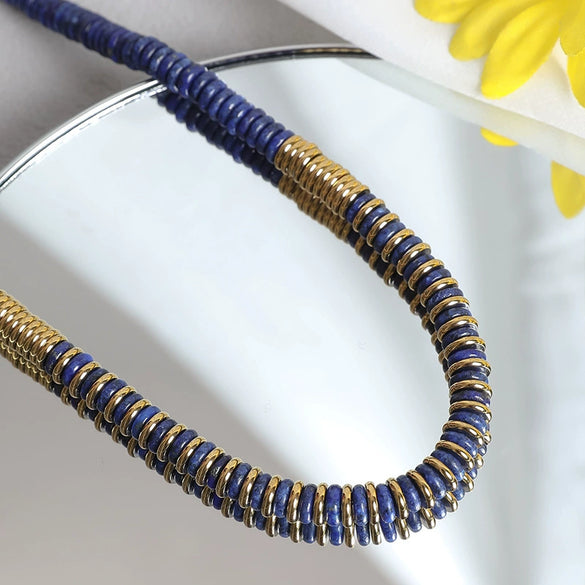 Wholesale Frisbee Beaded Necklace Handmade With Stainless Steel Natural Stone Lapis Lazuli Geometric Style For Women