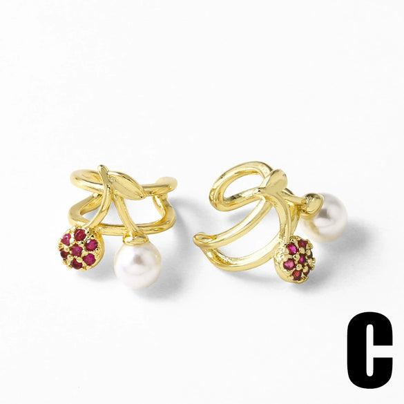 Wholesale Fruit Cherry Ear Clip Copper 18K Gold Plated Earrings