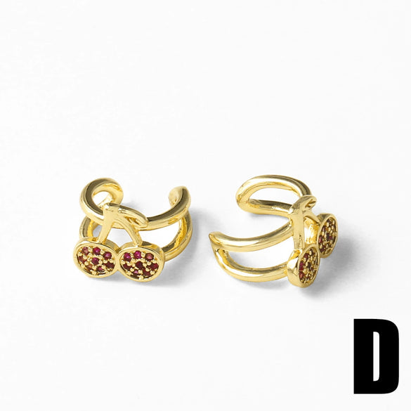 Wholesale Fruit Cherry Shaped Copper Plated Gold Ear Clip Earrings For Women