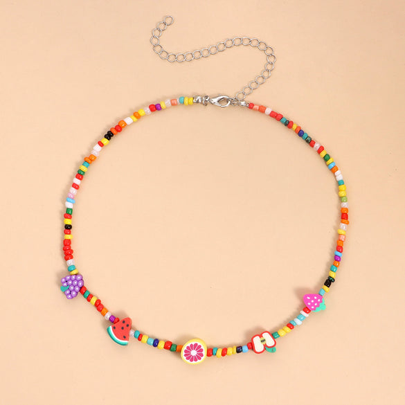 Wholesale Fruit Element Rice Bead Necklace With Fishing Line Chain For Women Featuring Lemon And Watermelon Shapes