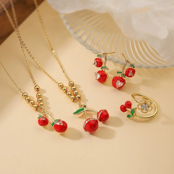 Wholesale Fruit Jewelry Set Copper Cherry Zirconia Design For Women