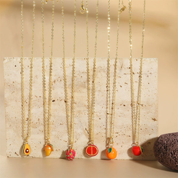 Wholesale Fruit Pattern Copper 14K Gold Plated Mixed Gem Inlay Oshaped Pendant Necklace For Women