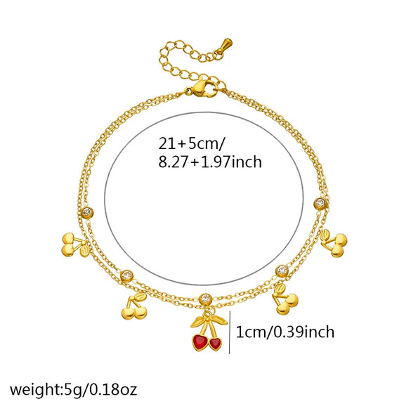 Wholesale Fruit Patterned Heartshaped Diamondencrusted Stainless Steel Goldplated Women's Anklet