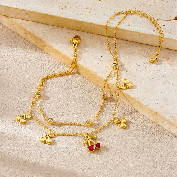 Wholesale Fruit Patterned Heartshaped Diamondencrusted Stainless Steel Goldplated Women's Anklet
