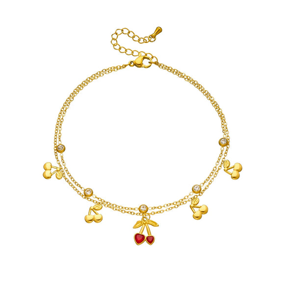 Wholesale Fruit Patterned Heartshaped Diamondencrusted Stainless Steel Goldplated Women's Anklet