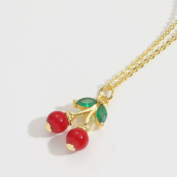 Wholesale Fruit Series Cherry Shape Pendant Clavicle Chain Necklace For Women Copper Electroplating Mixed Gemstone Setting Geometric Style
