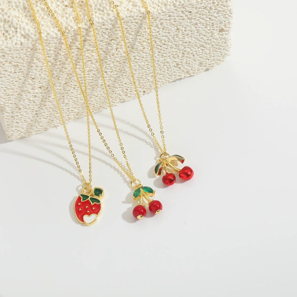 Wholesale Fruit Series Cherry Shape Pendant Clavicle Chain Necklace For Women Copper Electroplating Mixed Gemstone Setting Geometric Style