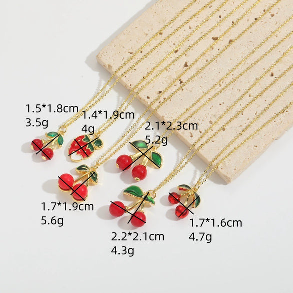 Wholesale Fruit Series Cherry Shape Pendant Clavicle Chain Necklace For Women Copper Electroplating Mixed Gemstone Setting Geometric Style