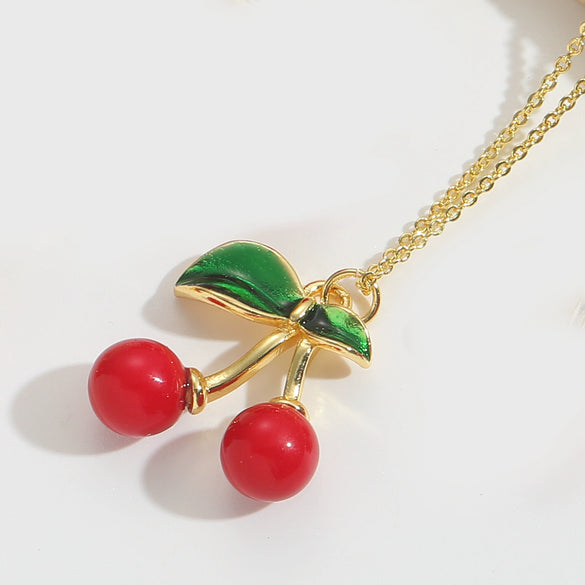 Wholesale Fruit Series Cherry Shape Pendant Clavicle Chain Necklace For Women Copper Electroplating Mixed Gemstone Setting Geometric Style