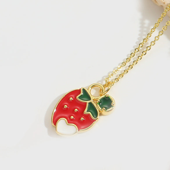 Wholesale Fruit Series Cherry Shape Pendant Clavicle Chain Necklace For Women Copper Electroplating Mixed Gemstone Setting Geometric Style