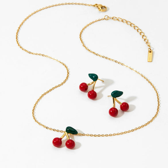 Wholesale Fruit Series Cherry Titanium Steel Necklace And Earrings Set With Electroplating And O Word Chain