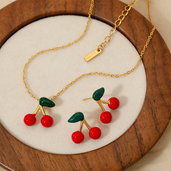 Wholesale Fruit Series Cherry Titanium Steel Necklace And Earrings Set With Electroplating And O Word Chain