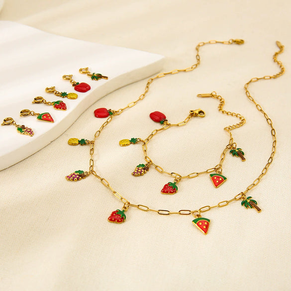 Wholesale Fruit Shaped Electroplated Stainless Steel Cross Chain Pendant Necklace And Bracelet Set For Women