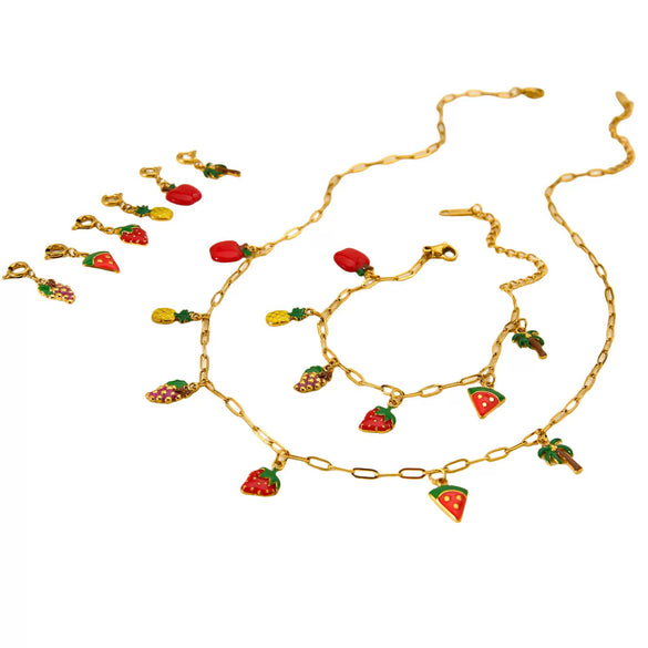 Wholesale Fruit Shaped Electroplated Stainless Steel Cross Chain Pendant Necklace And Bracelet Set For Women