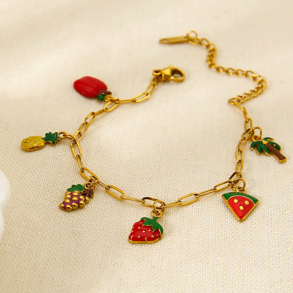 Wholesale Fruit Shaped Electroplated Stainless Steel Cross Chain Pendant Necklace And Bracelet Set For Women