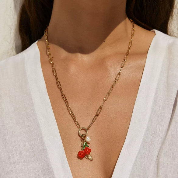 Wholesale Fruit Style Titanium Steel Alloy Gold Electroplated Watermelon Zircon Pendant Necklace For Women