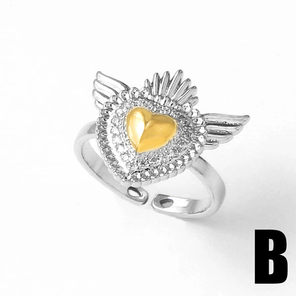 Wholesale Full Zircon Heart Open Ring Women's Gold Plated Copper Ring With Heart Shape And Geometric Pattern Electroplated