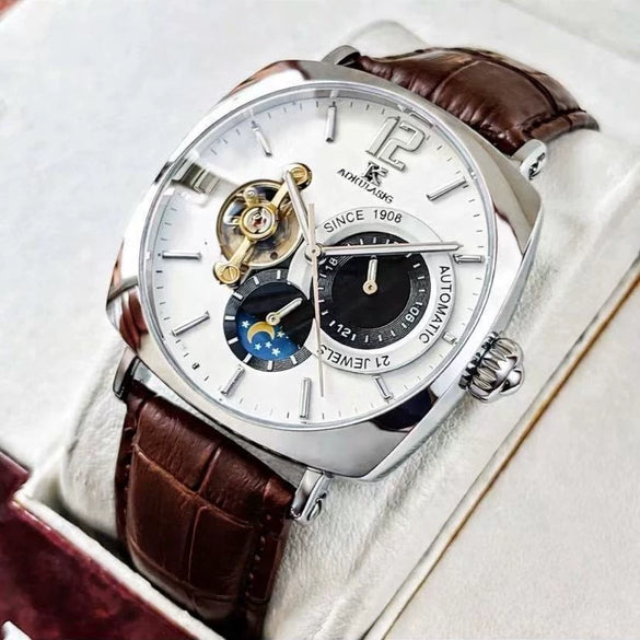 Wholesale Fully Automatic Mechanical Casual Men's Watch With Square Dial Made Of Alloy Case Stainless Steel Buckle Genuine Leather Strap And Mineral Reinforced Glass Mirror