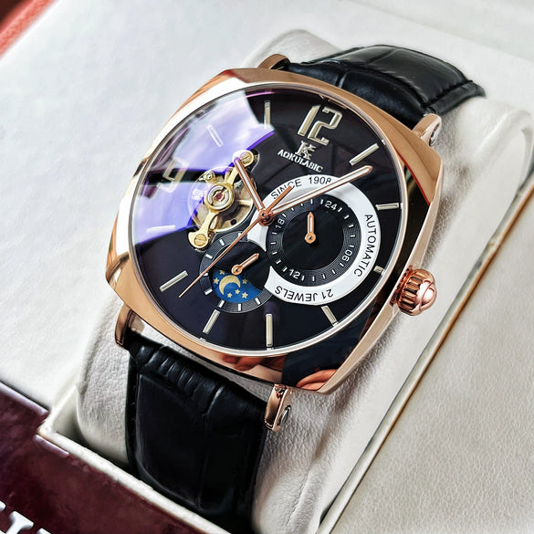 Wholesale Fully Automatic Mechanical Casual Men's Watch With Square Dial Made Of Alloy Case Stainless Steel Buckle Genuine Leather Strap And Mineral Reinforced Glass Mirror
