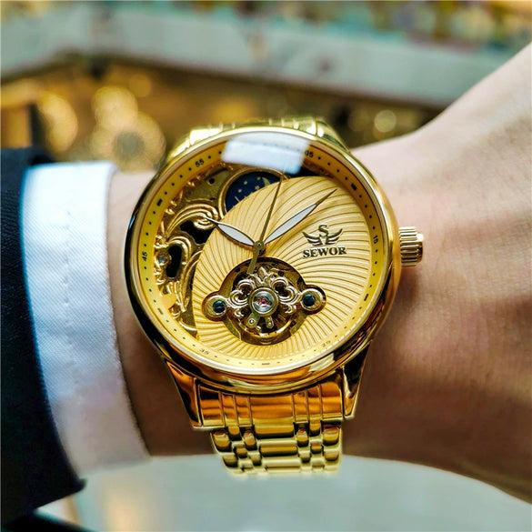 Wholesale Fully Automatic Mechanical Men's Watch With Hollow Tourbillon Luminous Waterproof Retro Style Alloy Case Stainless Steel Strap And Buckle Mineral Reinforced Glass Mirror