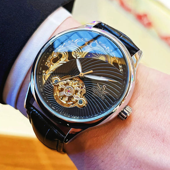 Wholesale Fully Automatic Mechanical Men's Watch With Hollow Tourbillon Luminous Waterproof Retro Style Alloy Case Stainless Steel Strap And Buckle Mineral Reinforced Glass Mirror