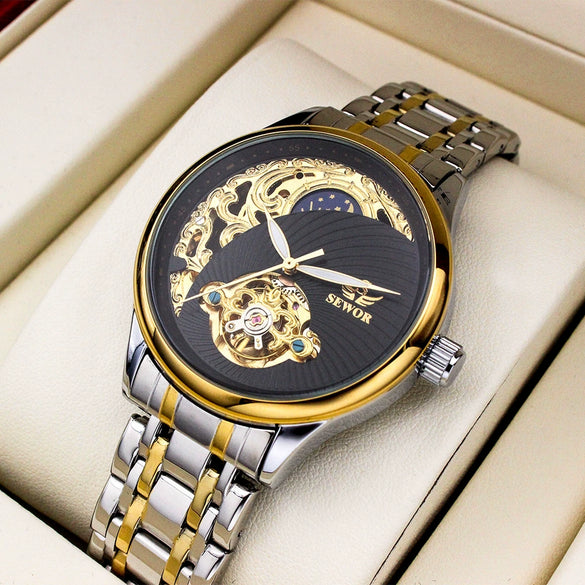 Wholesale Fully Automatic Mechanical Men's Watch With Hollow Tourbillon Luminous Waterproof Retro Style Alloy Case Stainless Steel Strap And Buckle Mineral Reinforced Glass Mirror