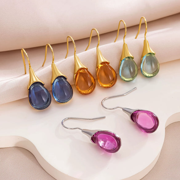 Wholesale Gems Inlaid Drop Shaped Imitation Cat's Eye Stone Fashion Earrings With Electroplating