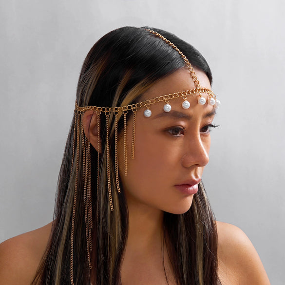 Wholesale Geometric Alloy Electroplated Pearl Tassel Forehead Chain Child Hair Accessory