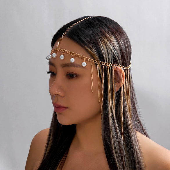 Wholesale Geometric Alloy Electroplated Pearl Tassel Forehead Chain Child Hair Accessory