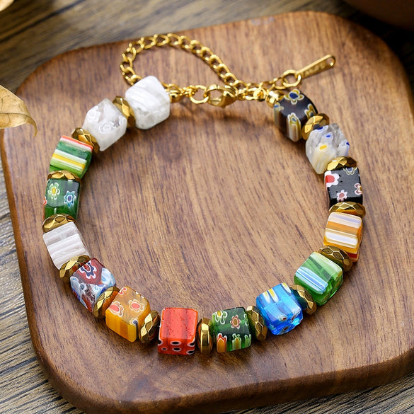 Wholesale Geometric Alloy Pendant Thousand Flower Glass Beads Stainless Steel Electroplated O Word Chain Women's Necklace