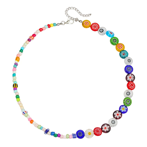 Wholesale Geometric Alloy Pendant Thousand Flower Glass Beads Stainless Steel Electroplated O Word Chain Women's Necklace