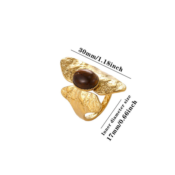 Wholesale Geometric Asymmetrical Hammered Natural Stone Titanium Steel Open Ring With Gold Plated Finish For Women