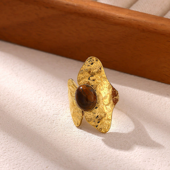 Wholesale Geometric Asymmetrical Hammered Natural Stone Titanium Steel Open Ring With Gold Plated Finish For Women