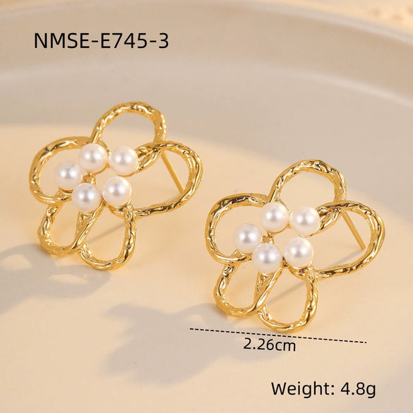 Wholesale Geometric Beaded Flower Stainless Steel 18K Gold Electroplated Earrings For Women