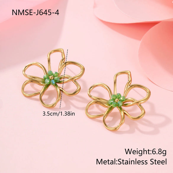 Wholesale Geometric Beaded Flower Stainless Steel 18K Gold Electroplated Earrings For Women