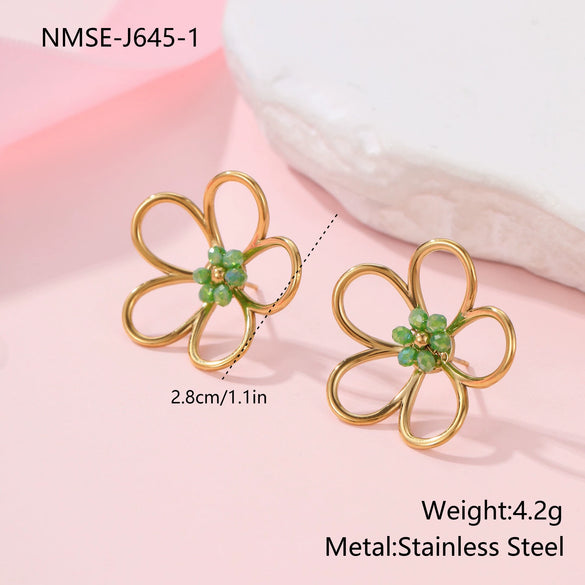 Wholesale Geometric Beaded Flower Stainless Steel 18K Gold Electroplated Earrings For Women