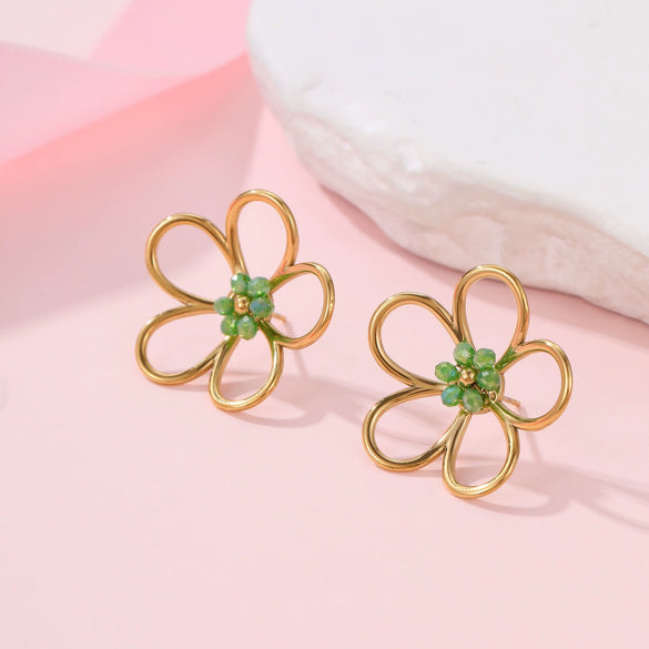 Wholesale Geometric Beaded Flower Stainless Steel 18K Gold Electroplated Earrings For Women