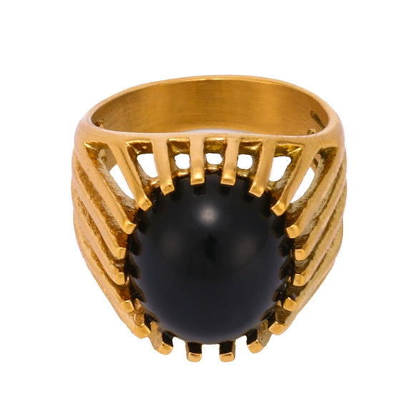Wholesale Geometric Black Agate Hollow Heavy Industry Titanium Steel 18K Gold Electroplated Light Luxury Unisex Ring