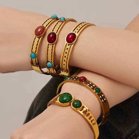 Wholesale Geometric Bracelet Set With Natural Stone Inlay Red Agate Design Oildrip Stainless Steel Gold Plated