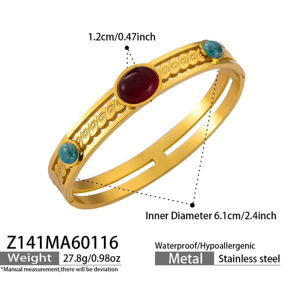 Wholesale Geometric Bracelet Set With Natural Stone Inlay Red Agate Design Oildrip Stainless Steel Gold Plated