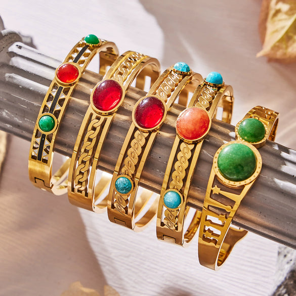 Wholesale Geometric Bracelet Set With Natural Stone Inlay Red Agate Design Oildrip Stainless Steel Gold Plated