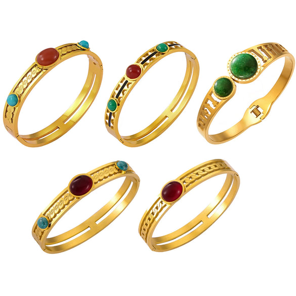 Wholesale Geometric Bracelet Set With Natural Stone Inlay Red Agate Design Oildrip Stainless Steel Gold Plated