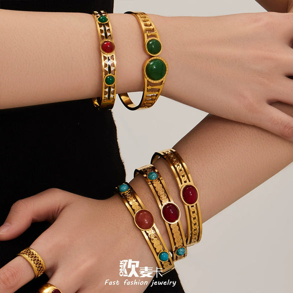Wholesale Geometric Bracelet Set With Natural Stone Inlay Red Agate Design Oildrip Stainless Steel Gold Plated