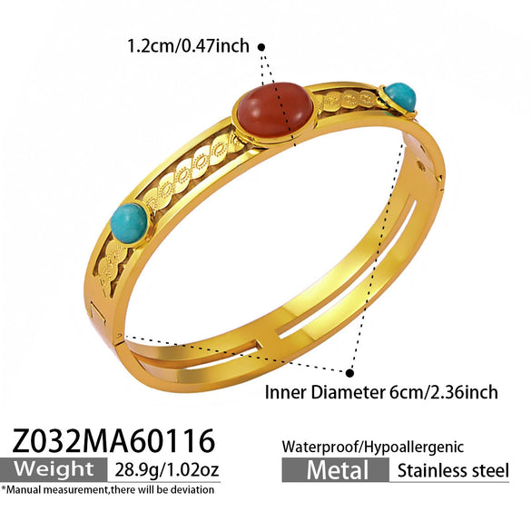 Wholesale Geometric Bracelet Set With Natural Stone Inlay Red Agate Design Oildrip Stainless Steel Gold Plated