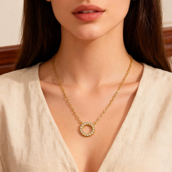 Wholesale Geometric Clavicle Chain And Full Diamond Ring Necklace Stainless Steel Gold Electroplated Unisex