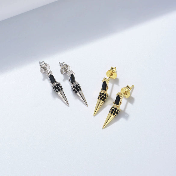 Wholesale Geometric Conical Earrings Inlaid With Black Zircon And Diamond Treatment For Women Made Of 925 Sterling Silver