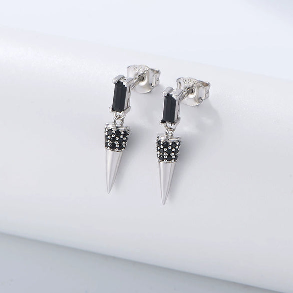 Wholesale Geometric Conical Earrings Inlaid With Black Zircon And Diamond Treatment For Women Made Of 925 Sterling Silver