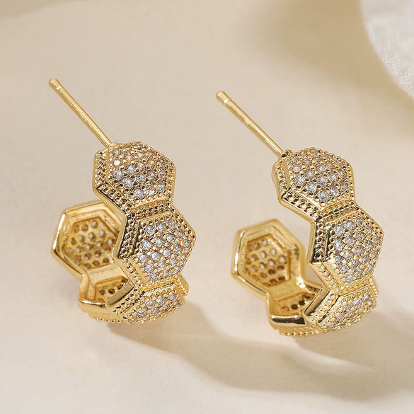 Wholesale Geometric Cshaped Copper 18K Gold Plated Zircon Women's Earrings